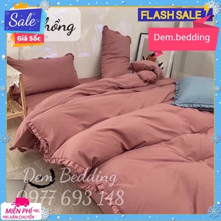 Chăn ga cotton tici viền bèo một màu