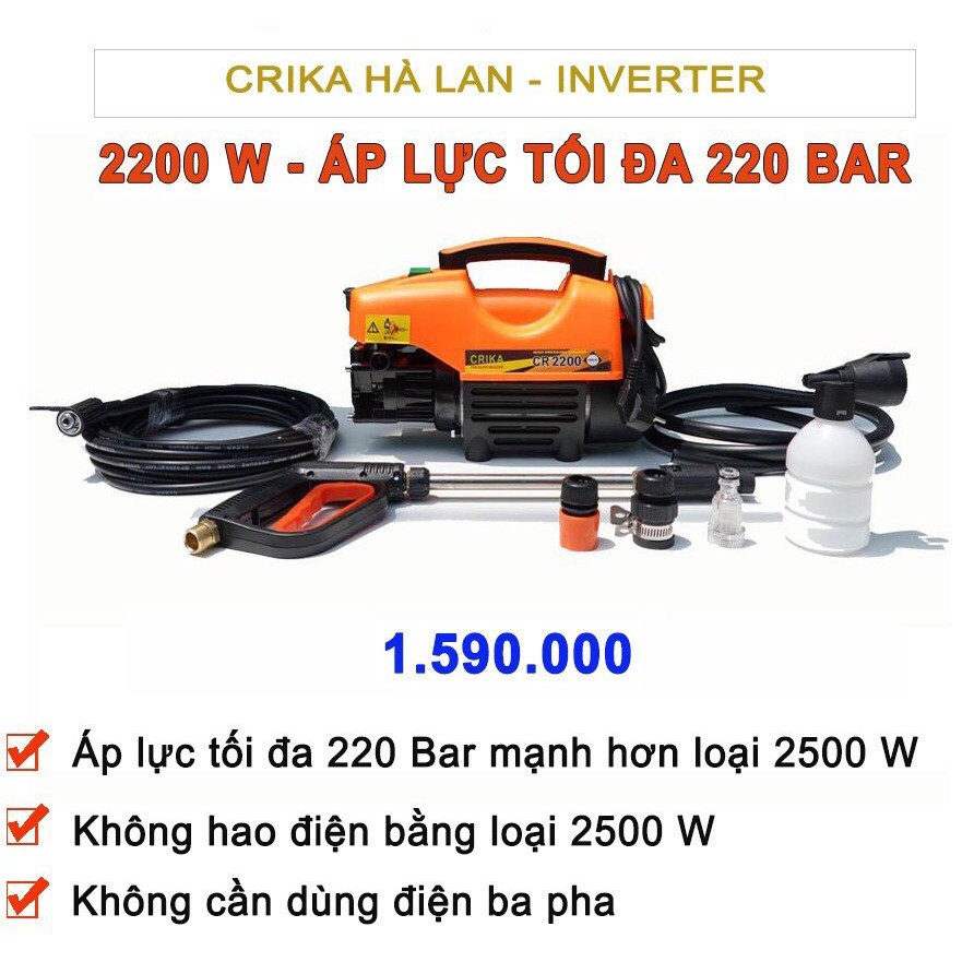 Máy rửa xe - Máy rửa xe cao áp Crika- CÓ ÁP CHỐNG GIẬT - Chống gây tiếng ồn- Công suất chuẩn 2200W