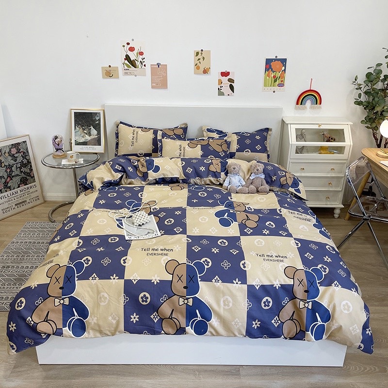 Bộ chăn ga gối gấubear rick LV cotton moexu mềm mịn mát dễ thương có nhiều kích cỡ