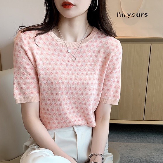 [Hana And Alice] Áo Thun Dệt Kim Ngắn Tay Dáng Rộng In Họa Tiết / Dễ Phối Đồ