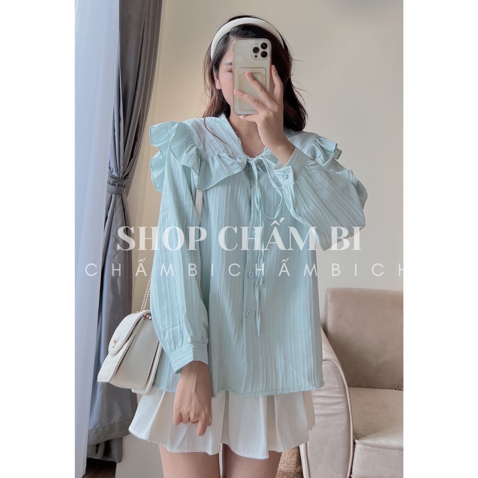 Áo sơ mi nữ cổ bèo A.361, Áo kiểu dài tay cổ thủy thủ thắt nơ nhỏ chất vải gân siêu xinh - Thời trang nữ Chấm Bi