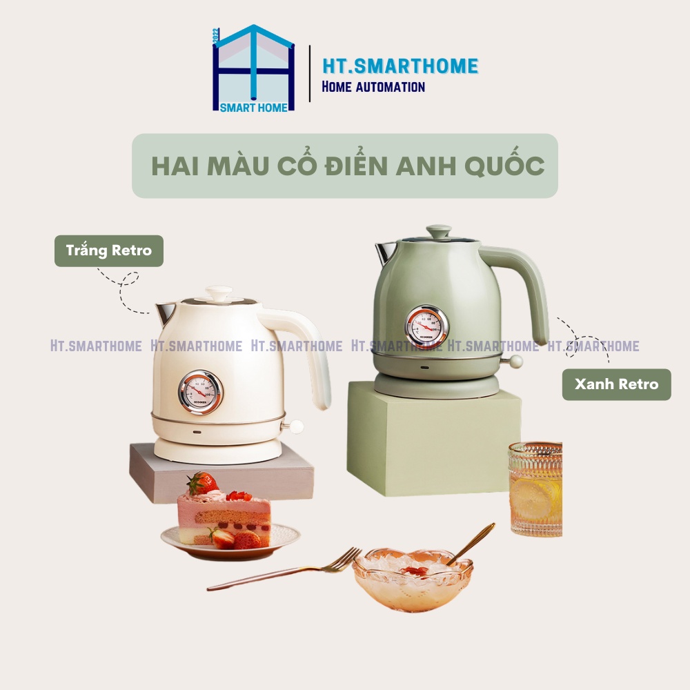 Ấm siêu tốc Ocooker 1.7L phong cách Retro cổ điển - Ấm đung nước 1800w có đồng hồ hiển thị nhiệt độ
