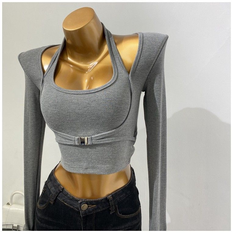 Bán Chạy!Áo Thun Ngắn Tay Dài Giả Hai Lớp Cài Nút Kim Loại Dáng Ôm Thời Trang Mùa Thu 2022