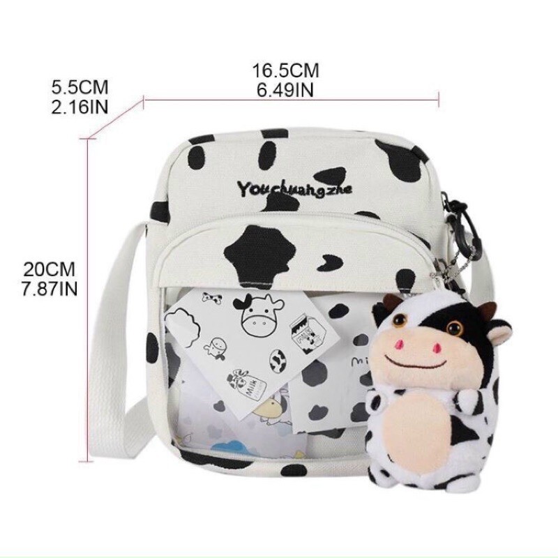 [Mã NIESTORE039 giảm 10K đơn 50K] Túi đeo chéo canvas in hình bò sữa phong cách Hàn Quốc ngăn phụ trong suốt siêu hot