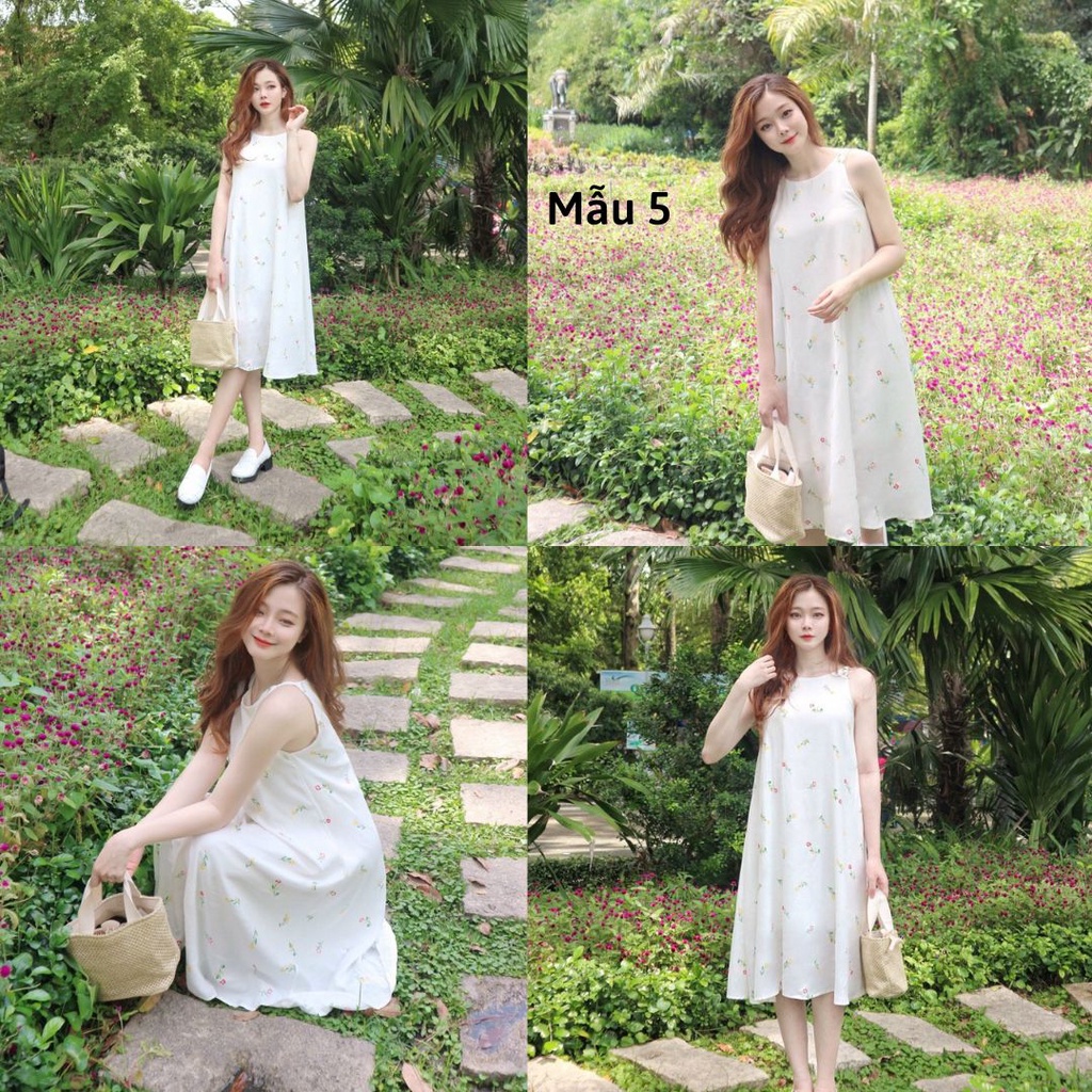 Đầm maxi form rộng chữ A, Đầm yếm dáng suông dài qua gối Cao Cấp vải kate trắng thêu hoa nhí, sát nách cổ tròn - MiNhi