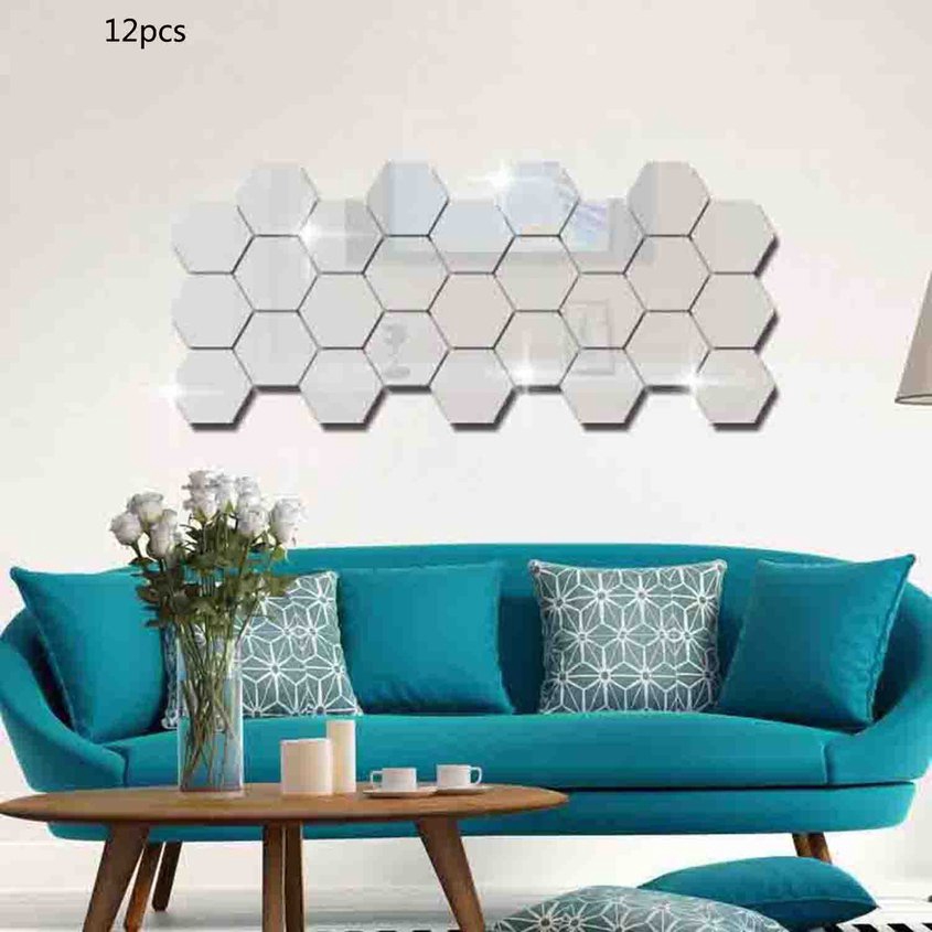 Set 12 Miếng Dán Tường Tráng Gương Hình Lục Giác Chống Thấm Nước