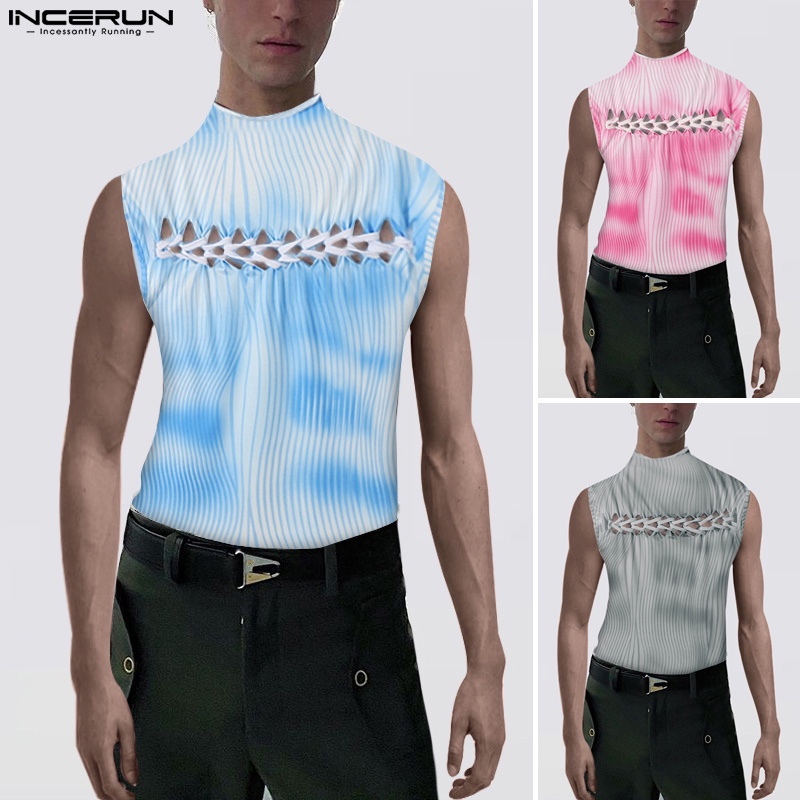 Áo ba lỗ INCERUN sát nách cột dây in họa tiết màu nhuộm loang thời trang cho nam