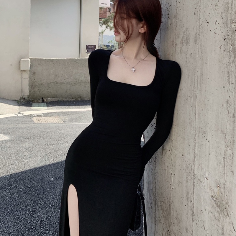 Đầm ZHELIHANGFEI dài tay màu đen thiết kế xẻ tà phong cách quyến rũ