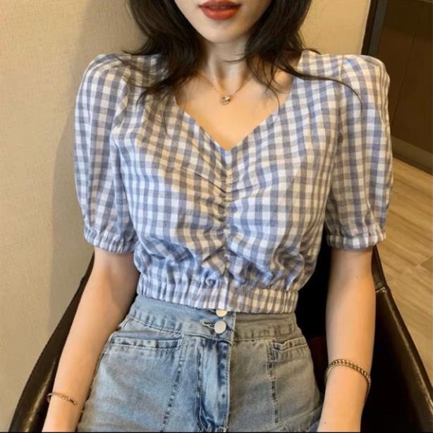 Áo Croptop Caro Cổ Tim Nhún Ngực Tay Phồng Bo Eo Nữ Màu Xanh/Đen/Vàng/Hồng Đỏ DRACR09 mys hitshop | BigBuy360 - bigbuy360.vn