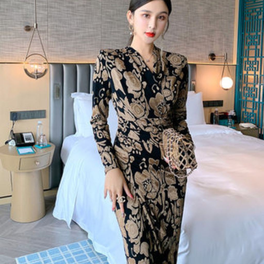 Váy Đầm Body Cổ Chữ V Kann Model Tay Dài Xẻ Tà Tôn Dáng Che Mọi Khuyết Điểm HV69
