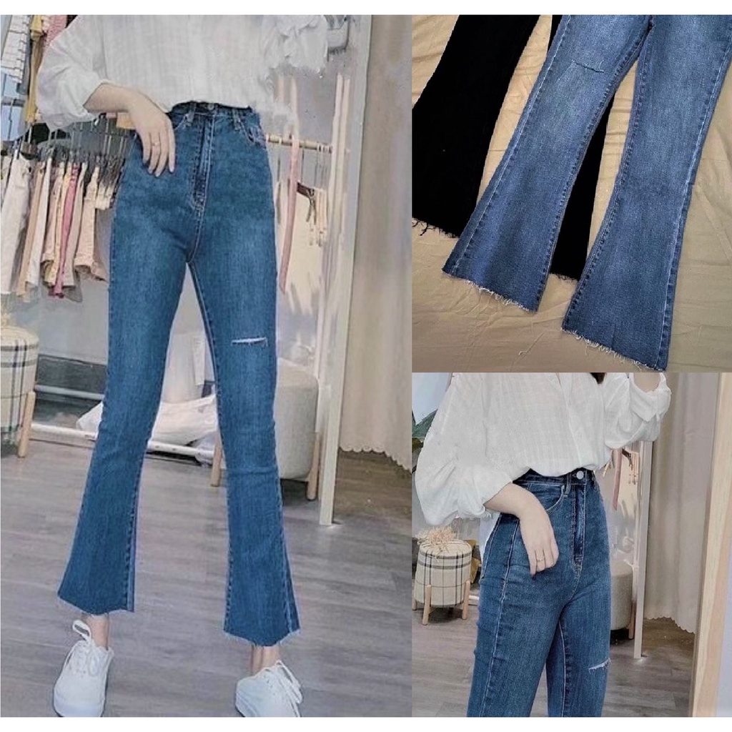 Quần jeans ống pass loe rách gối - lai tua QJ626