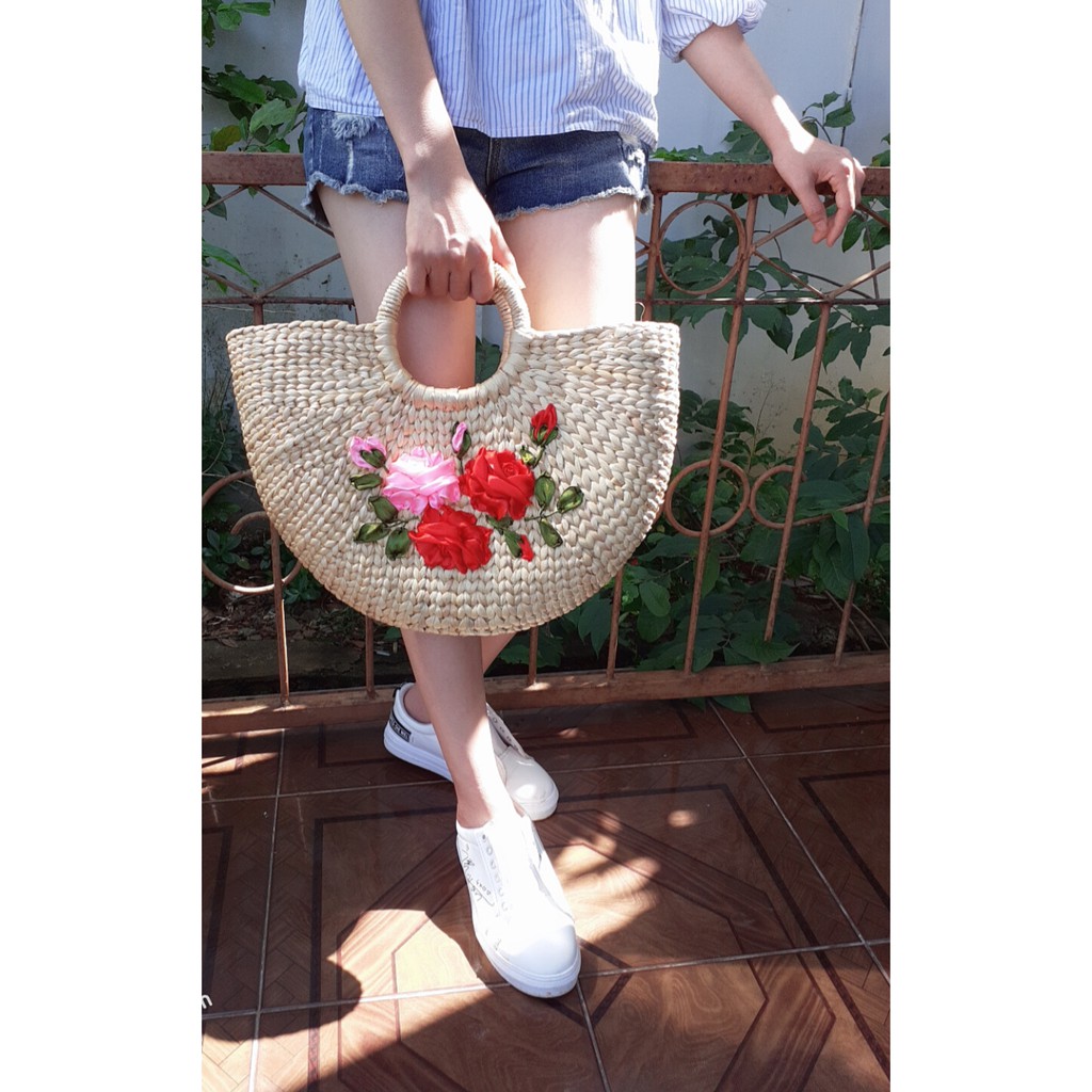 Túi cói lục bình siêu xinh xách tay thêu hoa handmade(size lớn)