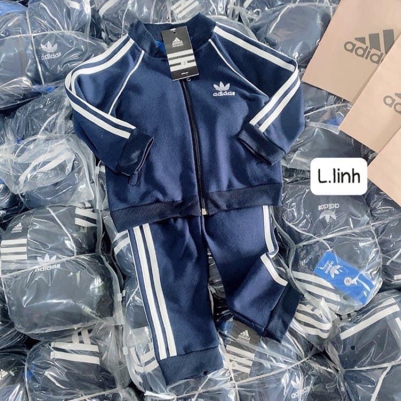 Bộ thể thao adidas xuất dư chất umi xanh than kéo khoá trẻ em ba sọc