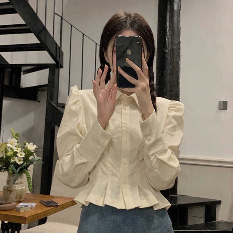 Áo Croptop Tay Dài Cổ Bẻ Phối Nút Màu Trơn Phong Cách Hàn Quốc Thời Trang Sang Trọng Cho Nữ