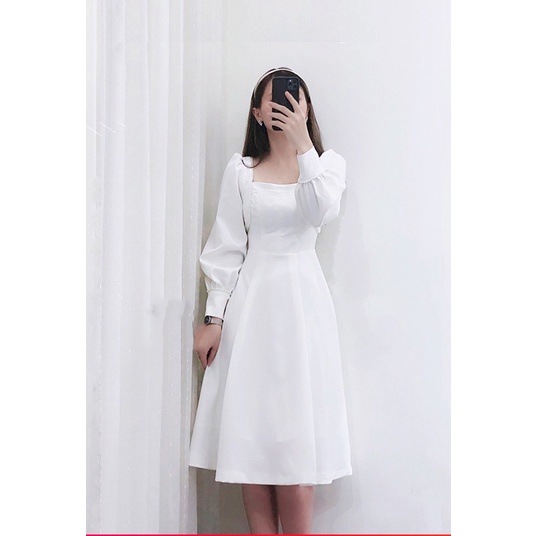 Váy trắng dự tiệc thiết kế ren cổ vuông tay dài , Đầm chữ A dáng xòe body du lịch lễ hội xuân chụp kỷ yếu cưới hỏi
