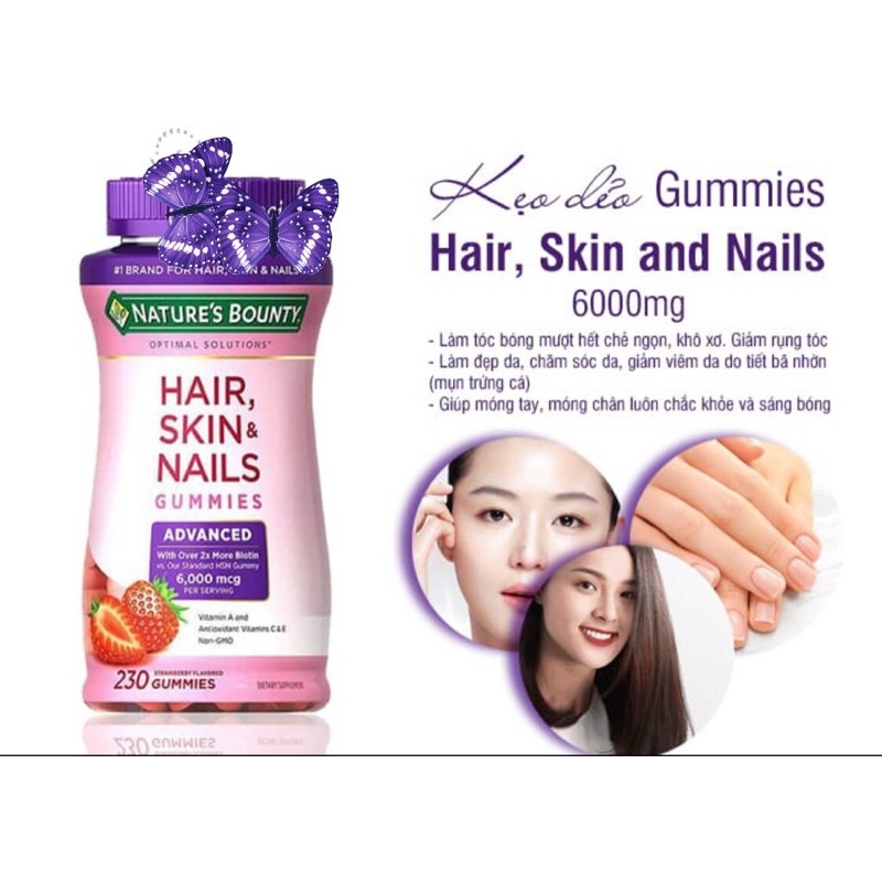 🍓🍭 Kẹo dẻo đẹp Da Tóc Móng NATURE’S BOUNTY 𝐇𝐚𝐢𝐫, 𝐒𝐤𝐢𝐧, & 𝐍𝐚𝐢𝐥 𝐆𝐮𝐦𝐦𝐢𝐞𝐬 6000mcg 𝐌𝐲̃ 🍡🍓