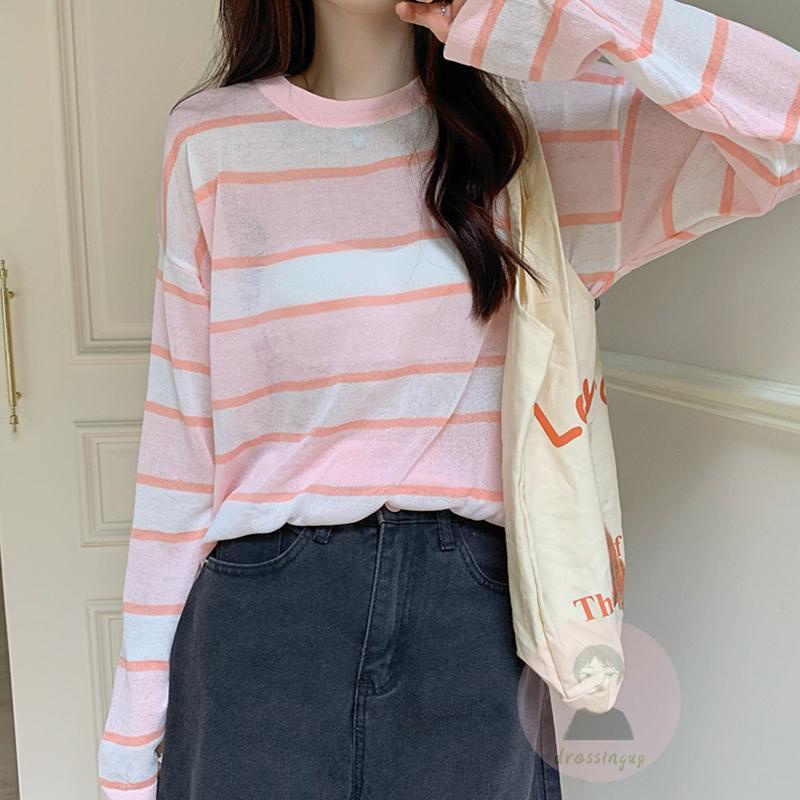 Áo Thun Nữ Dài Tay Cổ Tròn Sọc Ngang Thời Trang