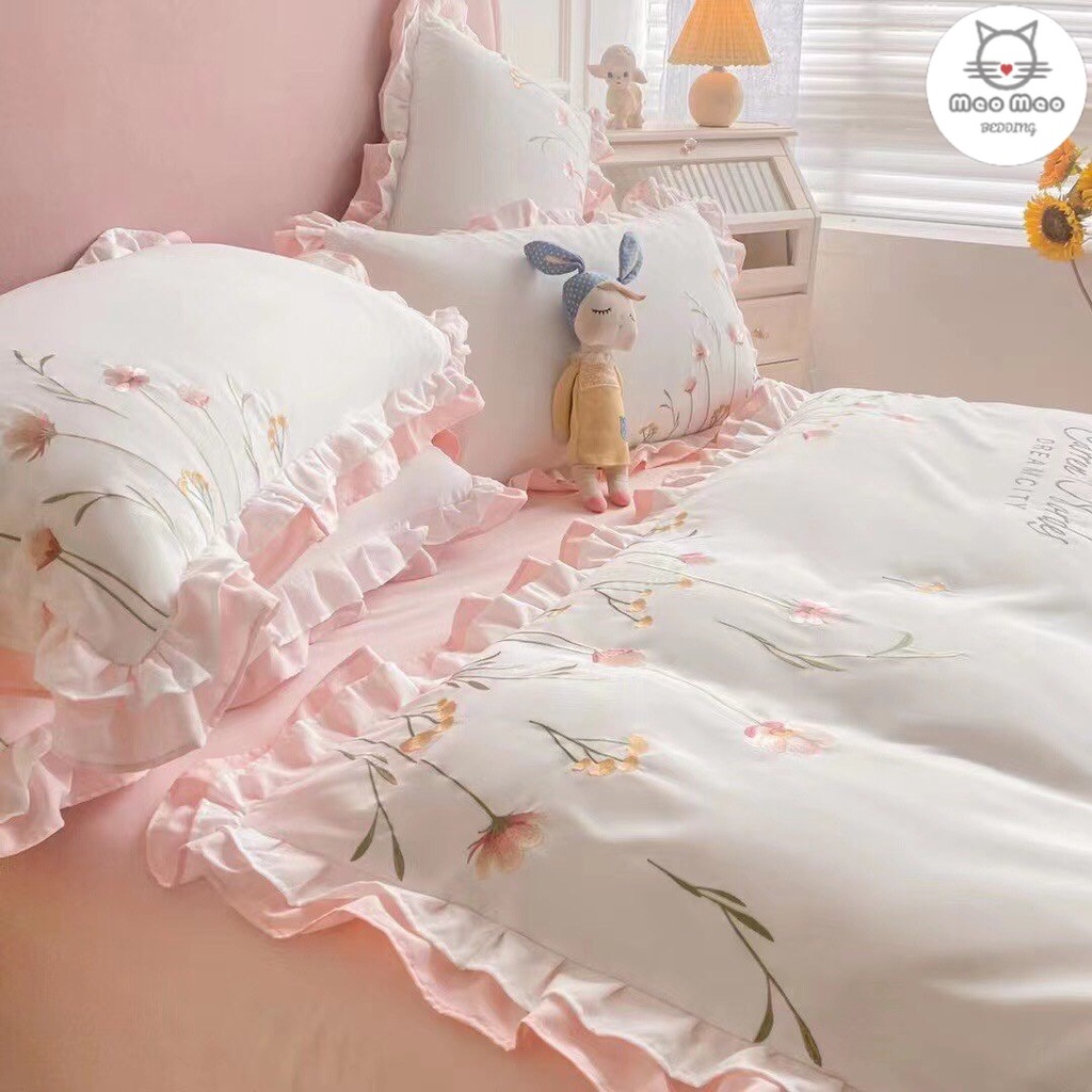 Bộ Chăn Ga Gối Cotton Đũi Viền Phối Bèo, Ren Họa Tiết Thêu Cao Cấp - Sét 4 Món