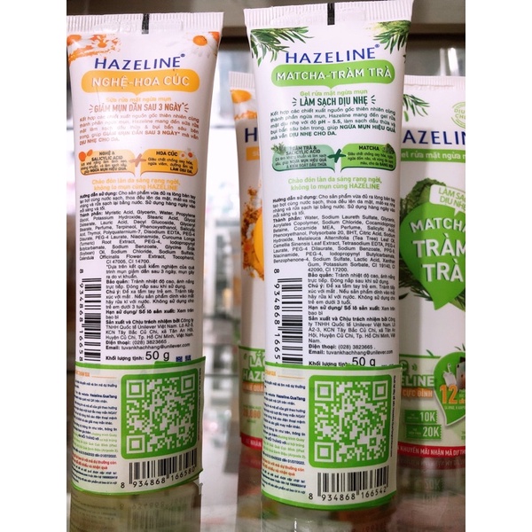 Sửa rửa mặt ngừa mụn Hazeline Nghệ hoa cúc/Matcha tràm trà