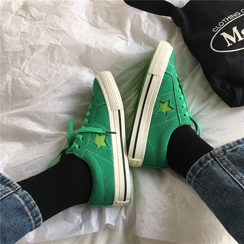 Giày Thể Thao Canvas Màu Xanh Lá Họa Tiết Ngôi Sao Phong Cách Retro Dễ Phối Đồ