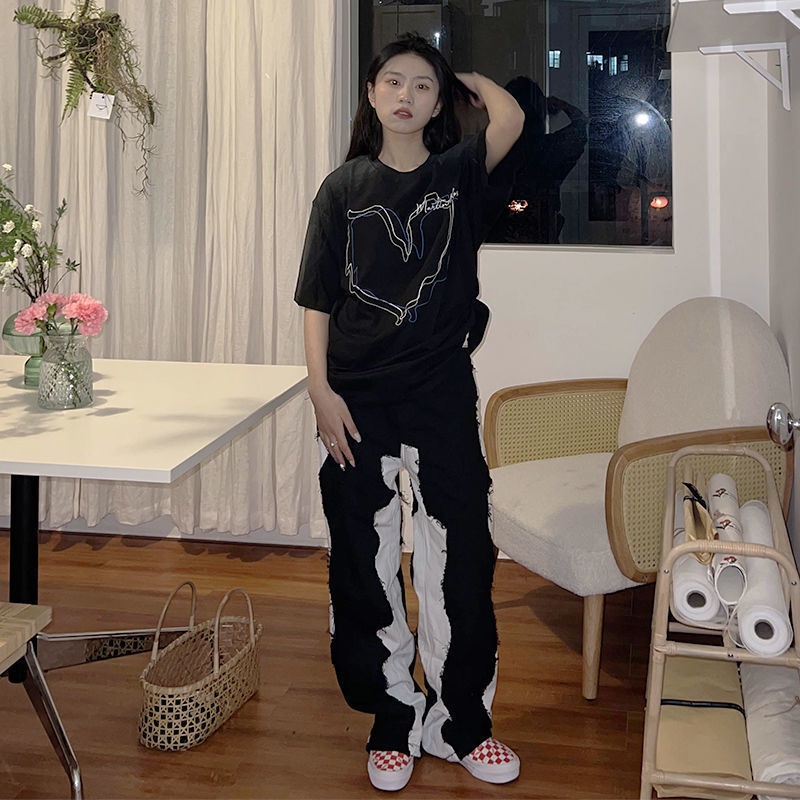 Japanese style retro stitching straight jeans women's design sense niche fashion brand street loose all-match wide leg casual pants