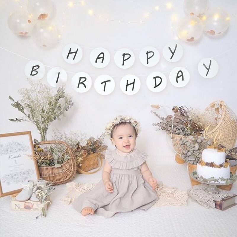 Dây chữ Happy Birthday tròn trắng trang trí sinh nhật phong cách Hàn Quốc