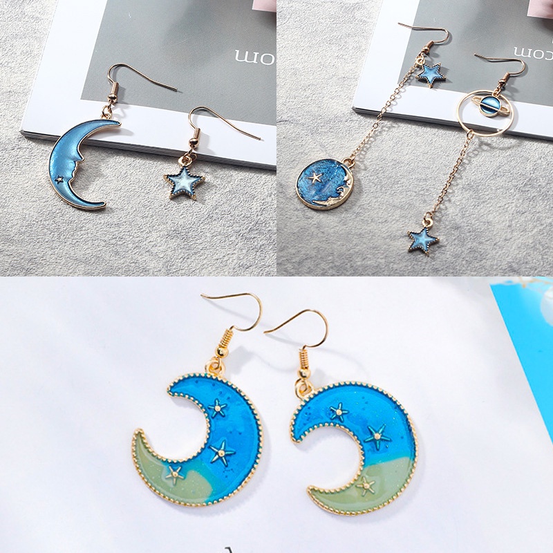 Mới Khuyên Tai Dáng Dài Không Đối Xứng Hình Hành Tinh Ngôi Sao Màu Xanh Dương Phối Tua Rua Đơn Giản