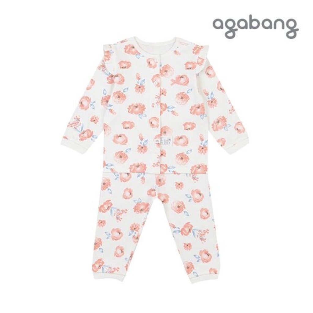 [80,90,120] Bộ ngủ cotton dài tay thu đông nền trắng hoa hồng to Agabang cho bé gái xuất Hàn dư xịn