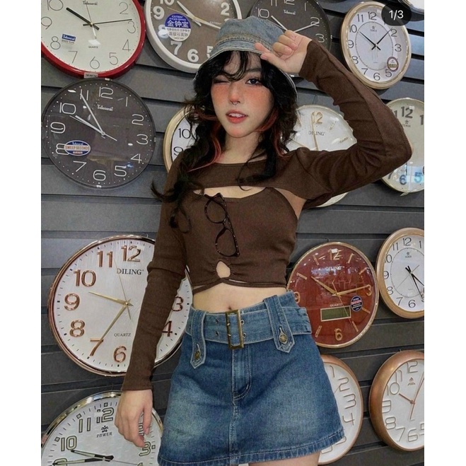 Set 2 Món Croptop Áo Dây Rút Eo Mặc 2 kiểu Kèm Áo Úp Ngược Tay Dài