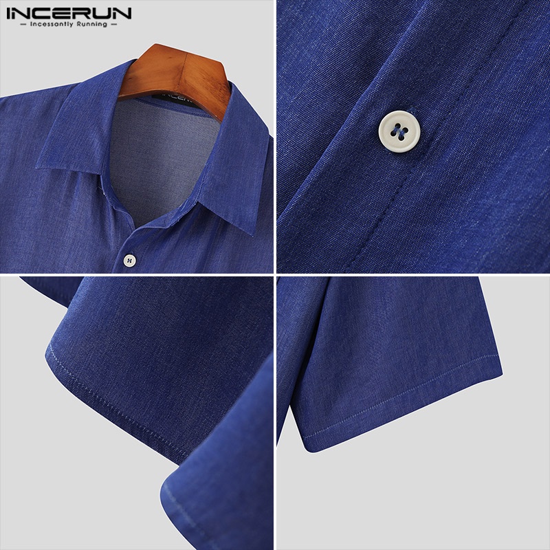 Áo sơ mi INCERUN denim tay ngắn phối nút cài trẻ trung thời trang dành cho nam
