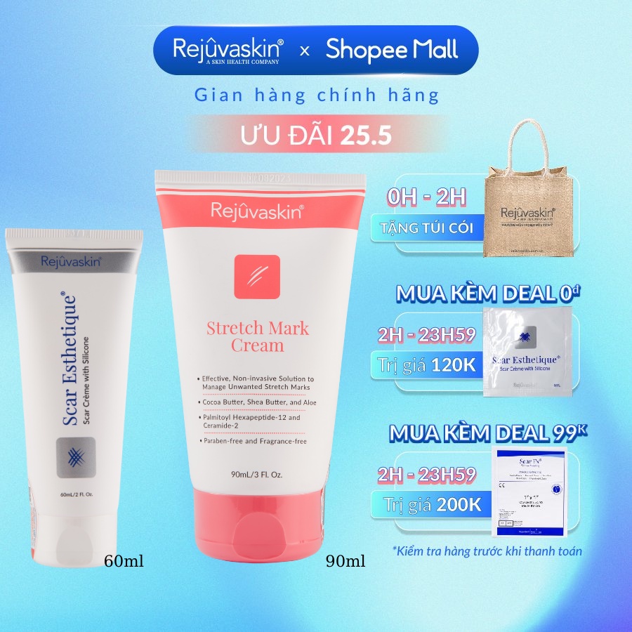 Combo chăm sóc da Rejuvaskin xoá Sẹo Thâm/ Sẹo Rỗ/ Sẹo Lõm Scar Esthetique 60ml và làm mờ vết rạn da 90ml