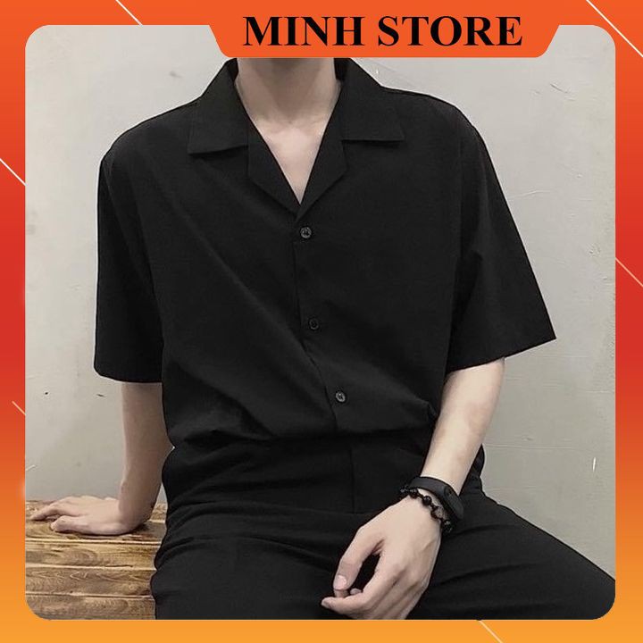 Áo Sơ Mi Đen Trắng Cổ Vest ngắn tay form rộng unisex nam nữ vải lụa siêu mát lạnh SM01- MS66