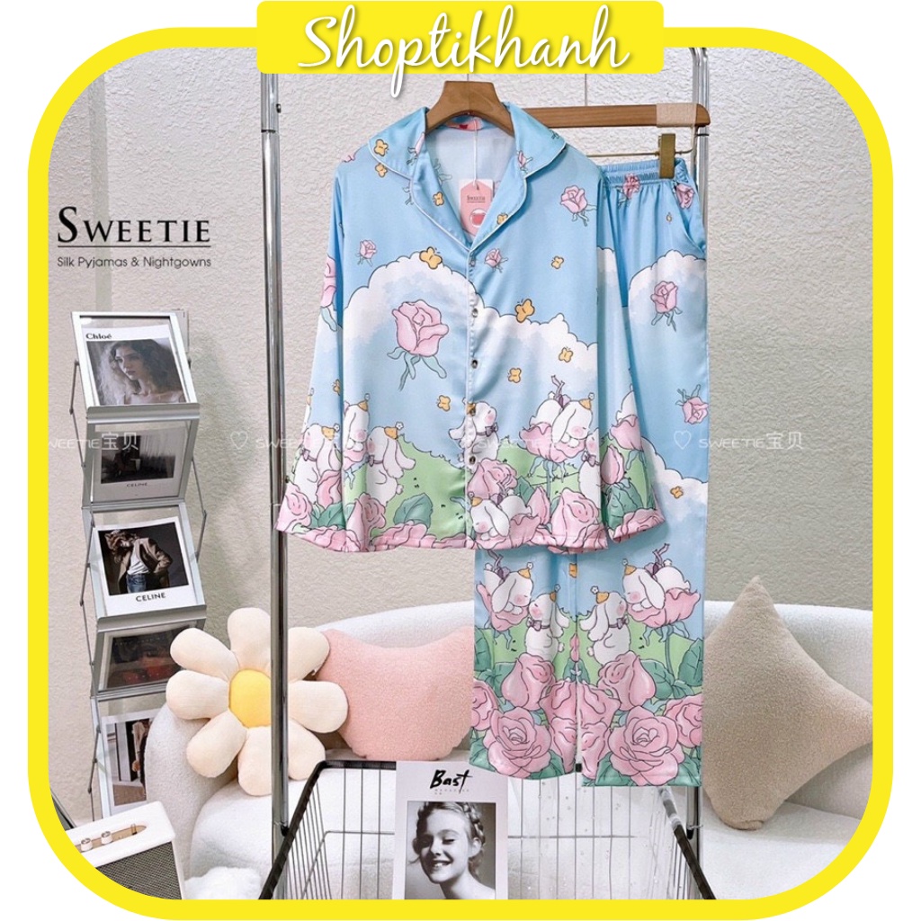Bộ Đồ Ngủ Pyjama - Đồ Bộ Lụa Cao Cấp Hình Thỏ Xanh Xinh Xắn, Dễ Thương