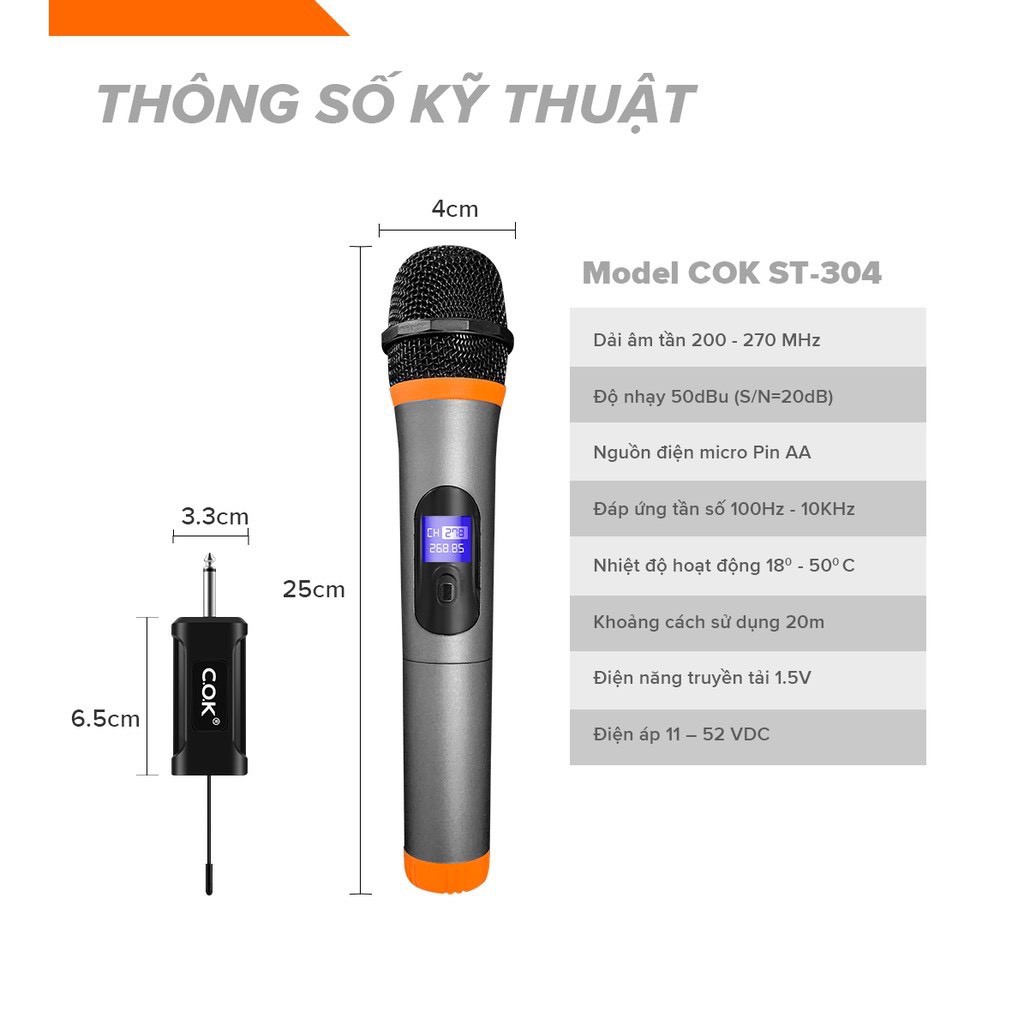 Micro Không Dây COK ST-304 [1 đầu thu tương thích 2 micro, phù hợp mọi loa kéo & amply có cổng Mic 6.5] BH 6 tháng