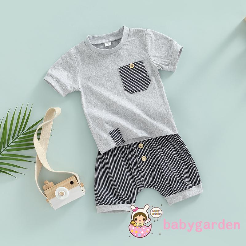 Bộ Áo Thun Ngắn Tay Cổ Tròn + Quần Short Lưng Cao Họa Tiết Kẻ Sọc Cho Bé Trai 0-24 Tháng Tuổi