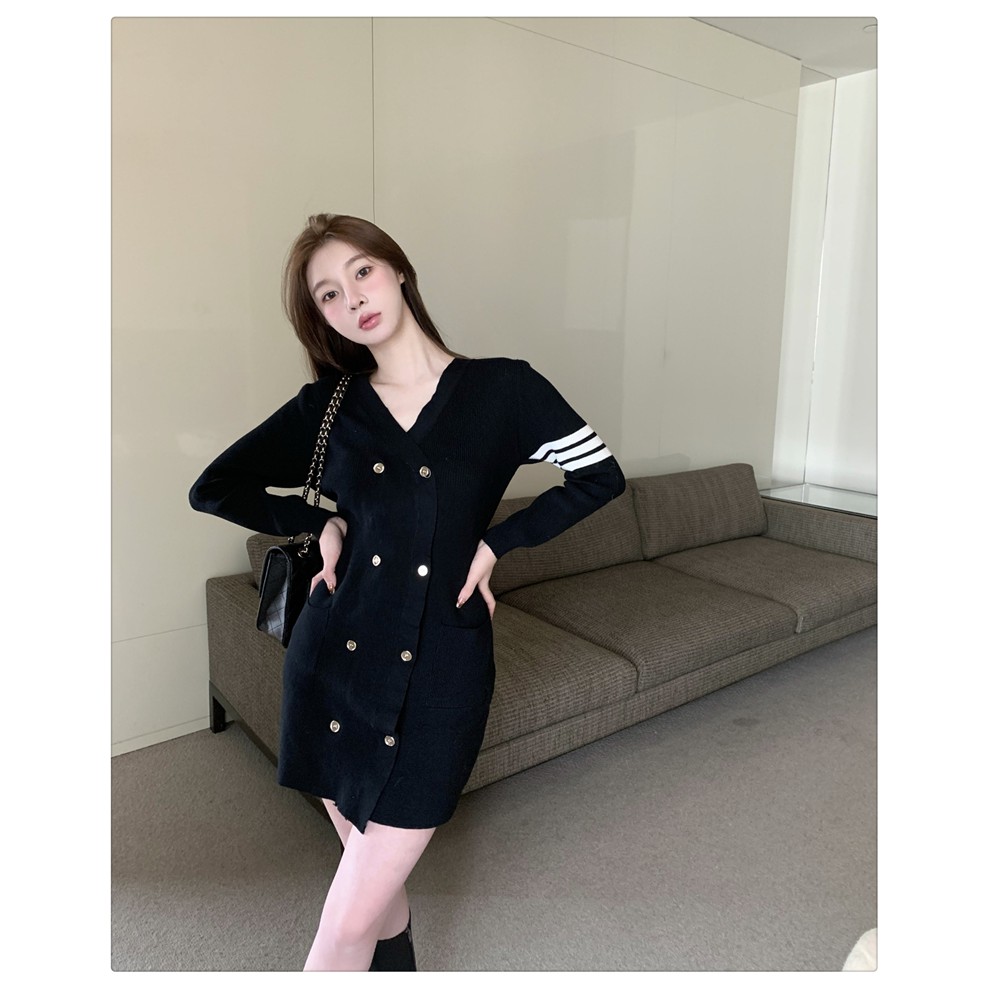 Đầm len dài tay kẻ sọc phong cách tiểu thư thanh lịch sang trọng hàng Quảng Châu đầu mùa thu mới 2021