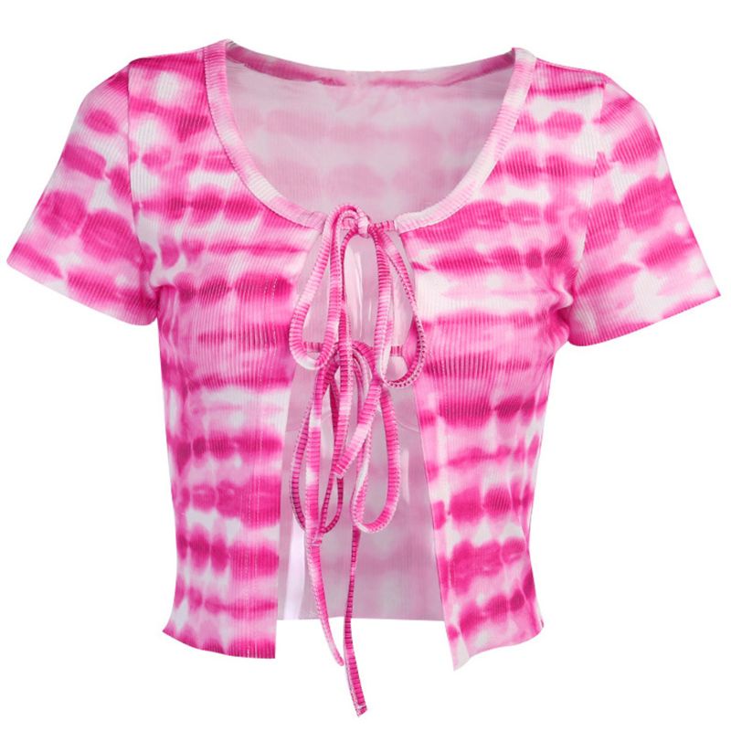 Xiangbao Áo Croptop Dệt Kim Ngắn Tay Cổ Tròn In Màu Nhuộm Gradient Cột Dây Phía Trước Mùa Hè Cho Nữ