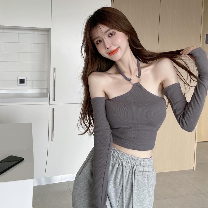 SUXI Áo Thun Dệt Kim Tay Dài Hở Vai Dáng Ôm Thời Trang Hàn Quốc