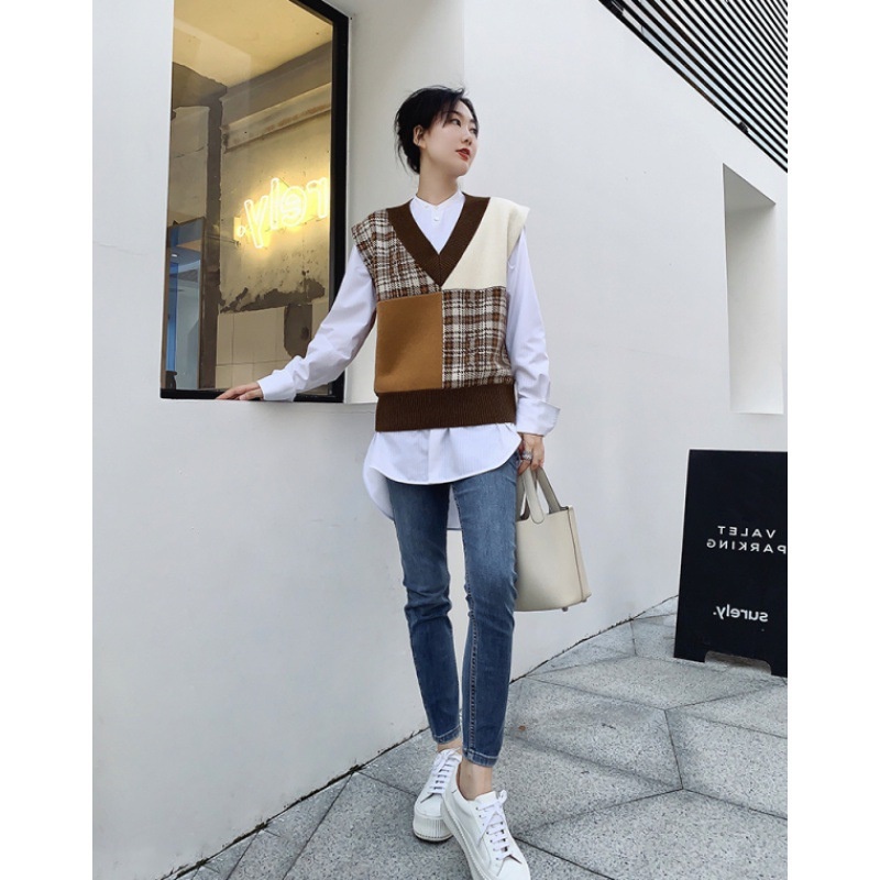 Áo len NZN không tay dáng rộng cổ chữ V họa tiết sọc caro 2 màu phong cách retro độc đáo