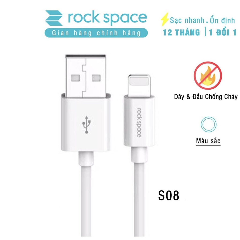 Dây cáp sạc nhanh cho Ip Rockspace S08 độ dài 1m,sạc nhanh,ổn định,không nóng máy,hàng chính hãng bảo hành 12 tháng