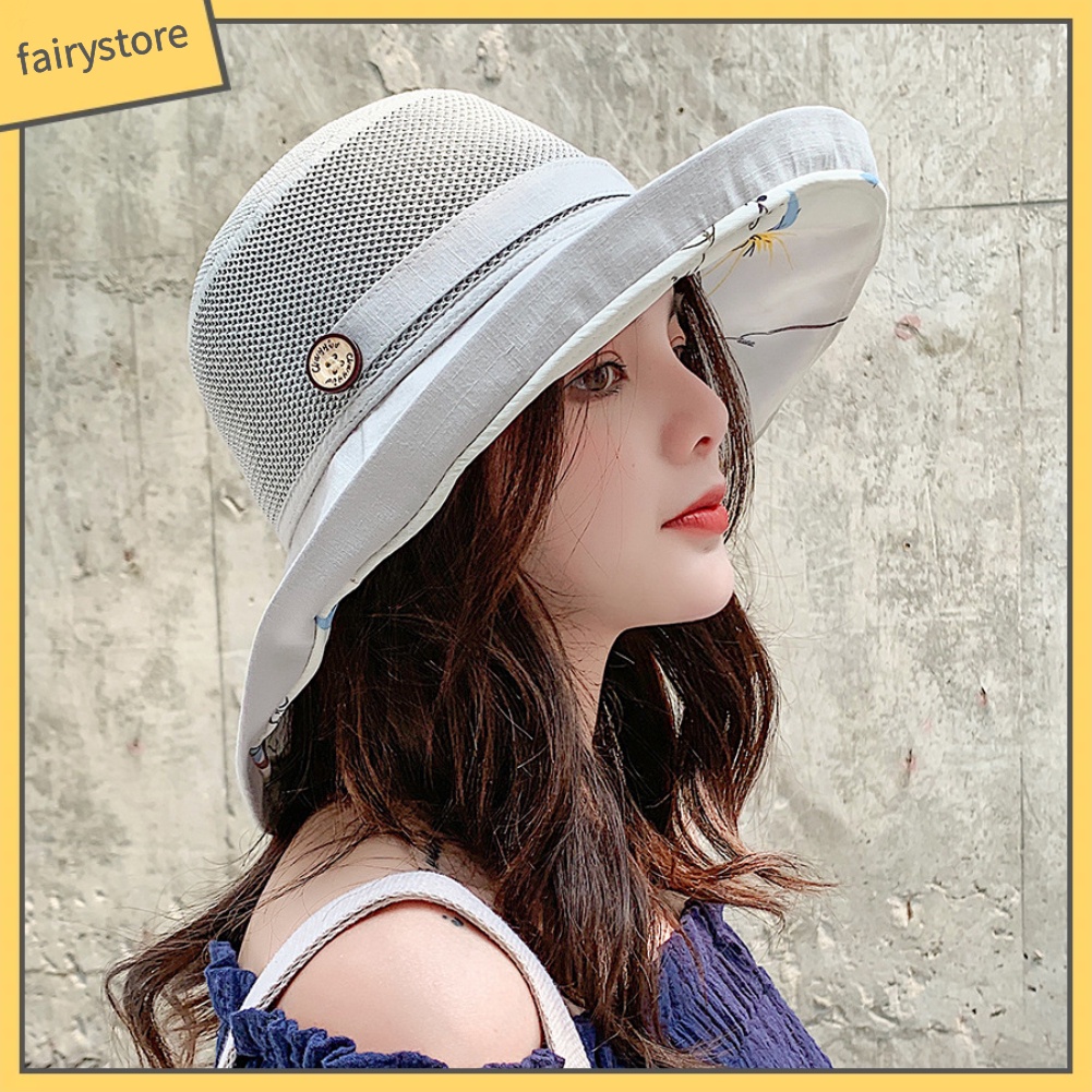 Mũ Bucket Thể Thao Vành Rộng Chống Nắng Đính Nút Họa Tiết Hoa Trang Trí Nội Thất Cho Nữ