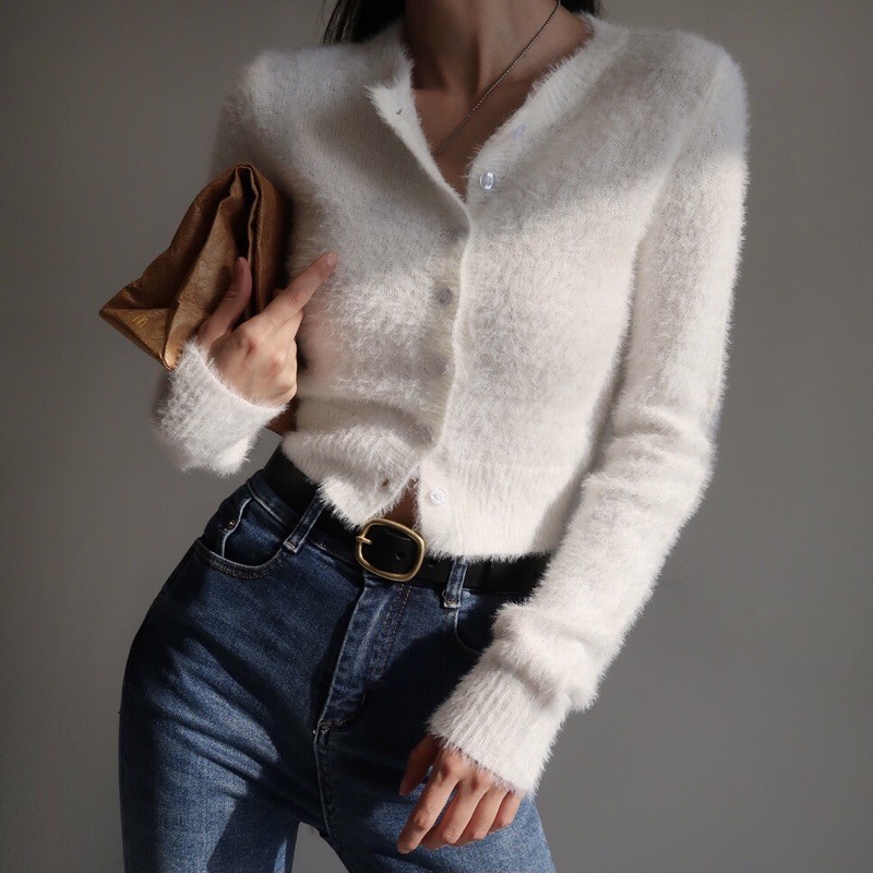 Áo len lông tay dài cài nút, cardigan croptop len lông | BigBuy360 - bigbuy360.vn