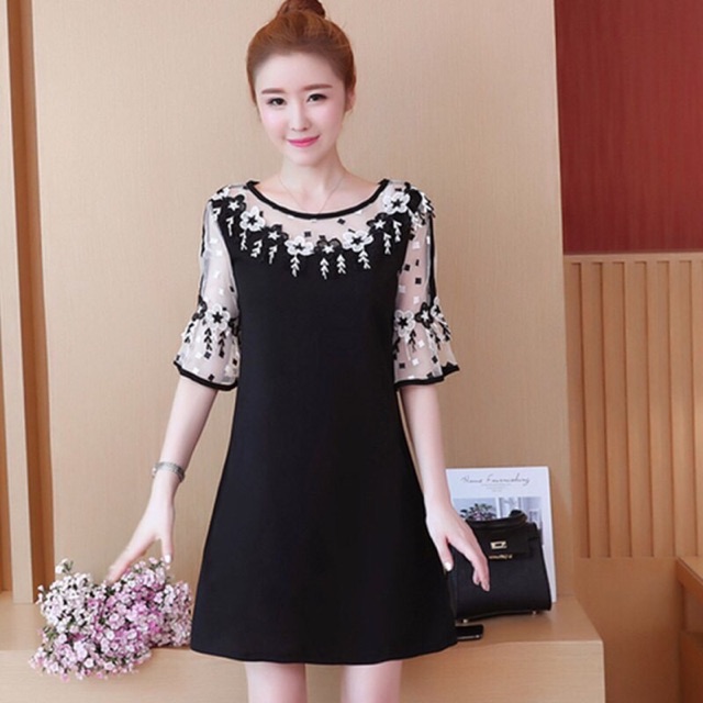 Đầm thun đen phối ren big size cao cấp hàng có sẵn size 65-100kg hàng y hình che khuyết điểm size lớn 60-85kg | BigBuy360 - bigbuy360.vn