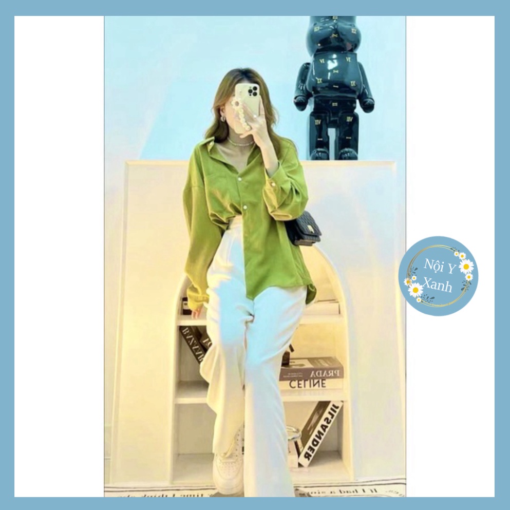 Set áo sơ mi xanh bơ Hình THẬT, phối quần suông trắng dáng dài chất tuyết mưa hottrend freesize nội y xanh chất mềm