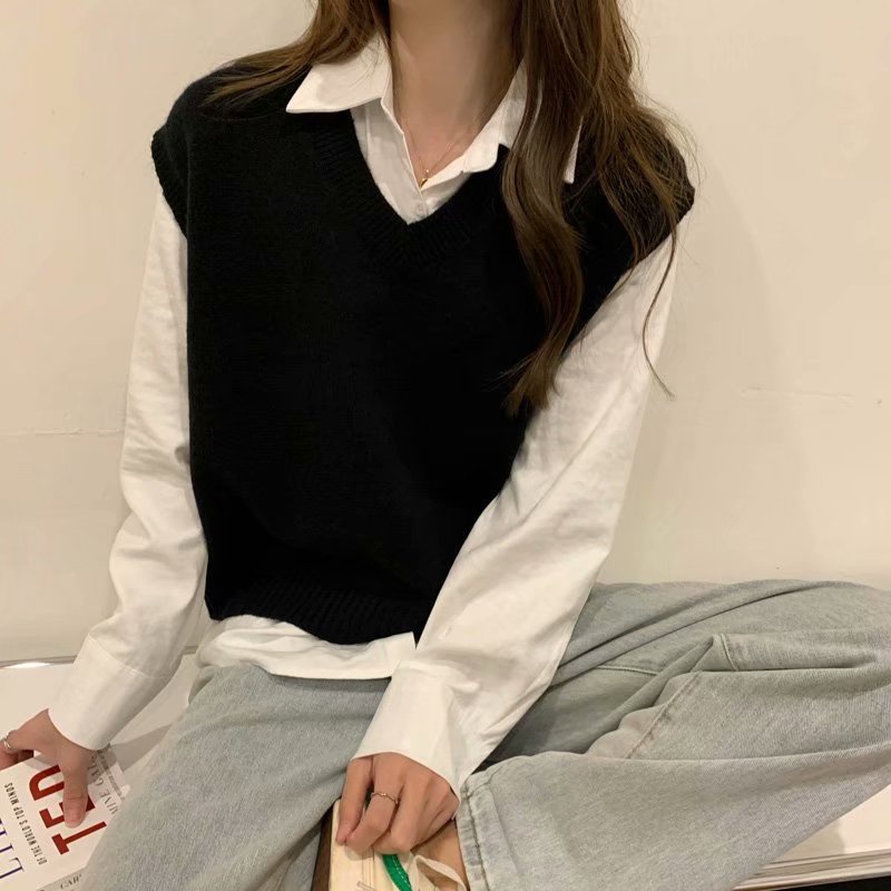 Áo Khoác Sweater Không Tay Cổ Chữ V Dáng Rộng Phong Cách Hàn Quốc Thời Trang Thu Đông Cho Nam Và Nữ Size M-2XL