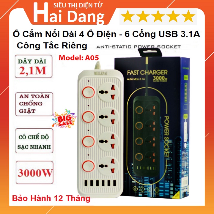 Ổ Cắm Điện A05 Đa Năng Thông Minh, Tích Hợp 6 Cổng USB Sạc Nhanh 3.1A - Chống Cháy Nổ - Bảo Hành 24 Tháng