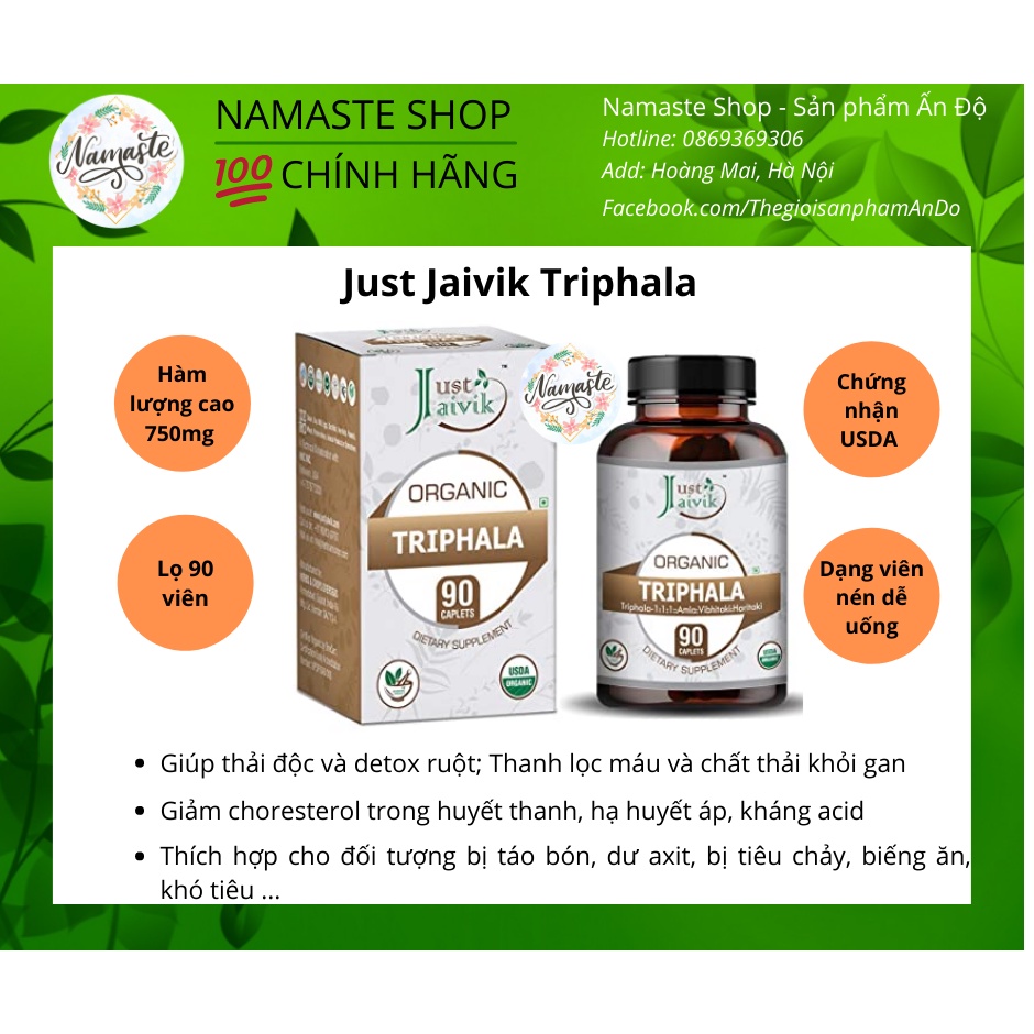 Viên uống hữu cơ thanh lọc, detox, thải độc hệ tiêu hóa - Just Jaivik Triphala 750mg