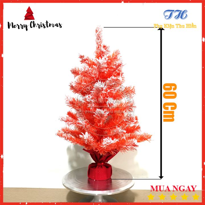 Cây Thông Noel Để Bàn Mini 60cm Màu Hồng Cam Phủ Tuyểt Đế Bọc Vải Đỏ Trang Trí Giáng Sinh