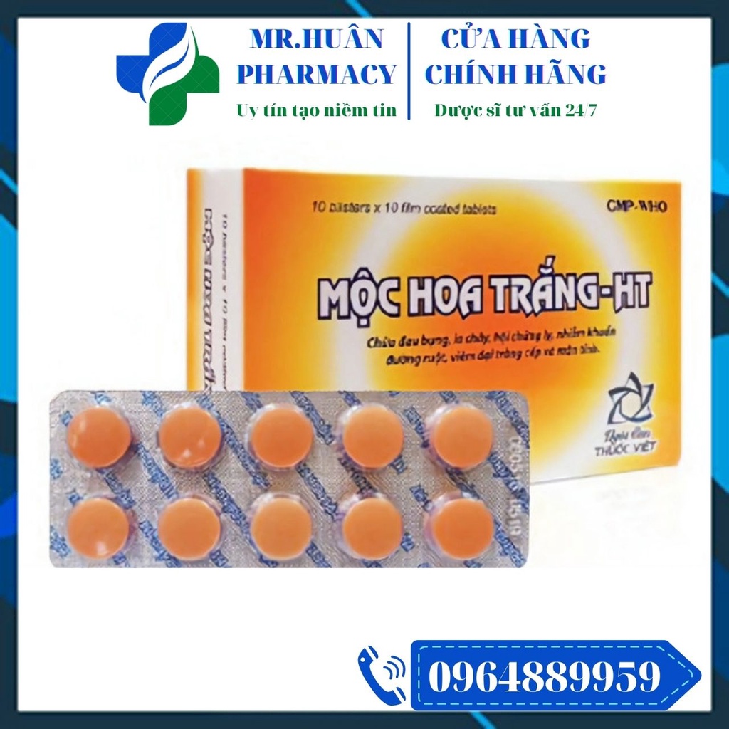 Mộc Hoa Trắng HT (Hộp 100 viên) - Dùng cho người đau bụng, tiêu chảy, viêm đại tràng cấp và mạn tính do lỵ amip