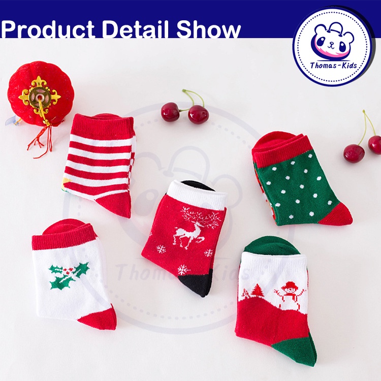 Set 5 Đôi Vớ Cotton Mềm Giữ Ấm Mùa Giáng Sinh Cho Bé Từ 1-12 Tuổi